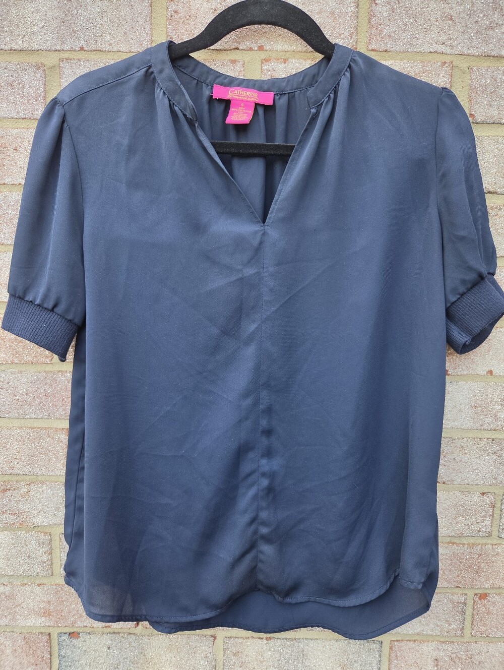 Navy Blue Split Neck Puff Short Sleeve Blouse Quiet Luxury Corporate Chic Small